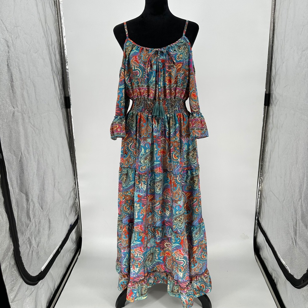 Boho Silk Blend Paisley Maxi Cold Shoulder Dress Tiered India One Size Bohemian